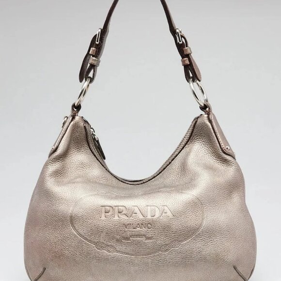 Prada Pewter Vitello Daino Leather Zip Top Hobo Bag - Picture 3 of 12